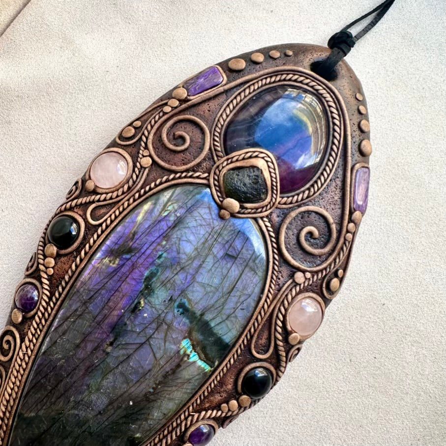 Healing crystal wall piece with Purple-Gold Labradorite and Rose Quartz