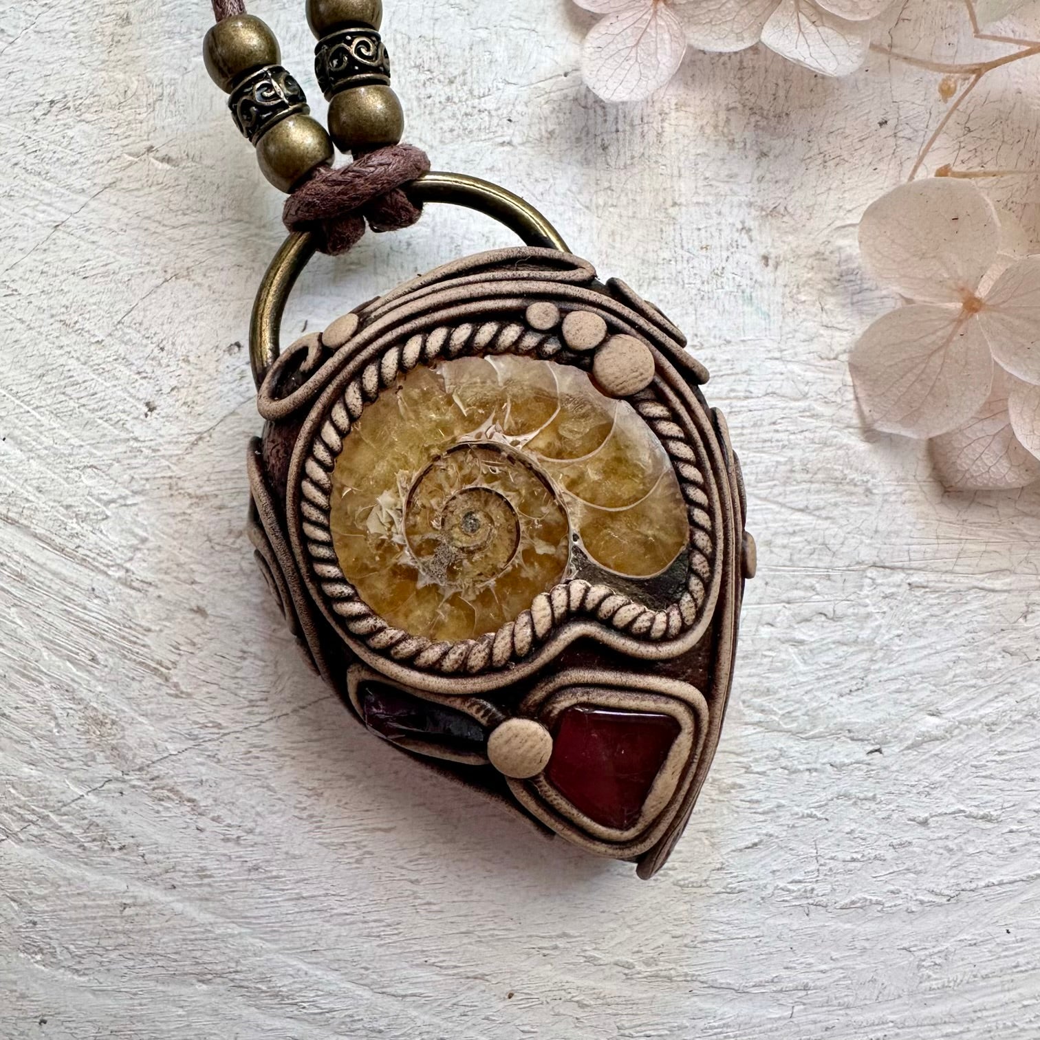 Ammonite Rhodolite Garnet and Pink Tourmaline Necklace - FairyGardenGlow