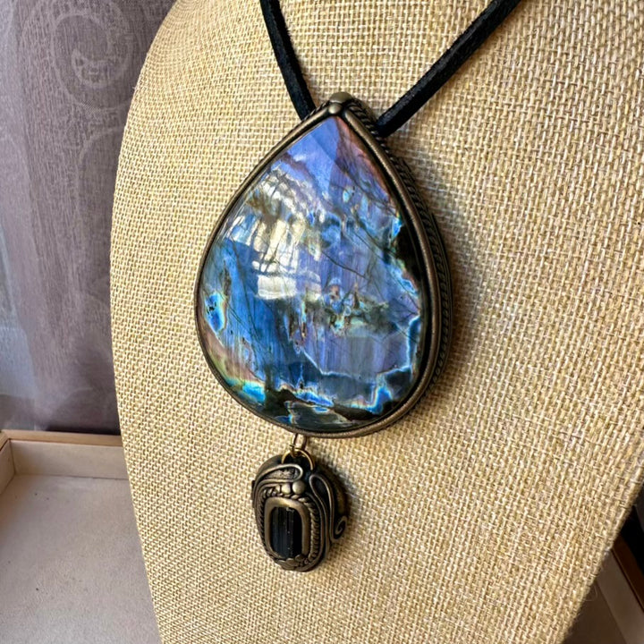 Handcrafted necklace with large Labradorite and Black Tourmaline pendant