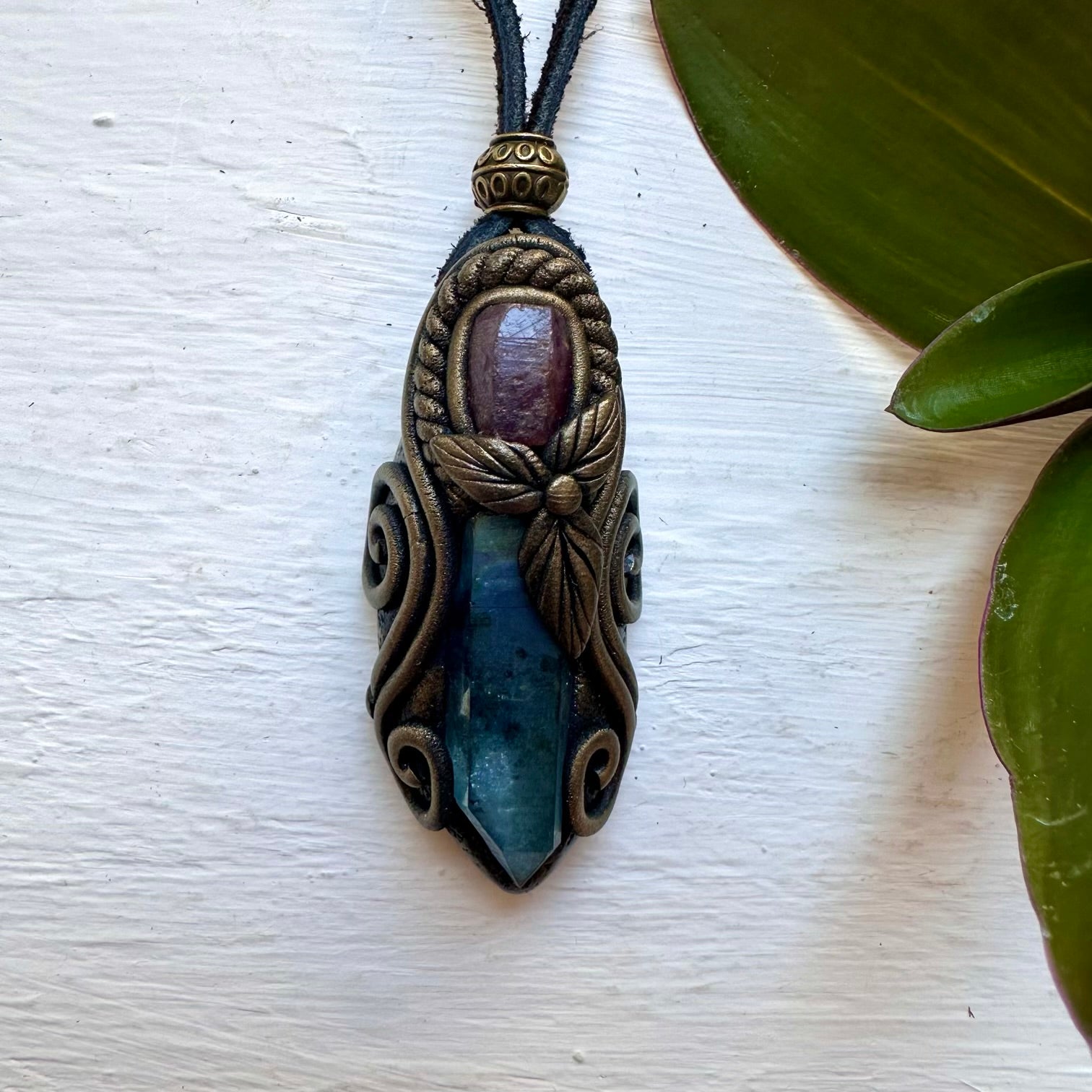 Aqua Aura Quartz and Raw Ruby Necklace - FairyGardenGlow