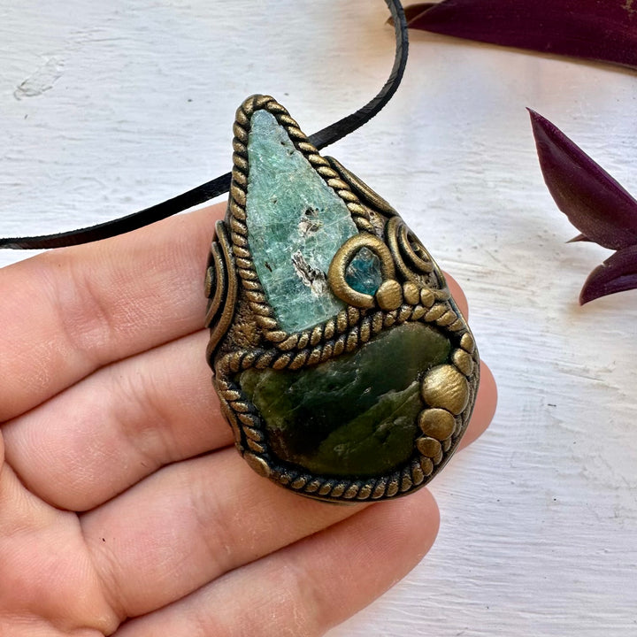 Nephrite Green Kyanite and Raw Blue Apatite Pendant Necklace - FairyGardenGlow