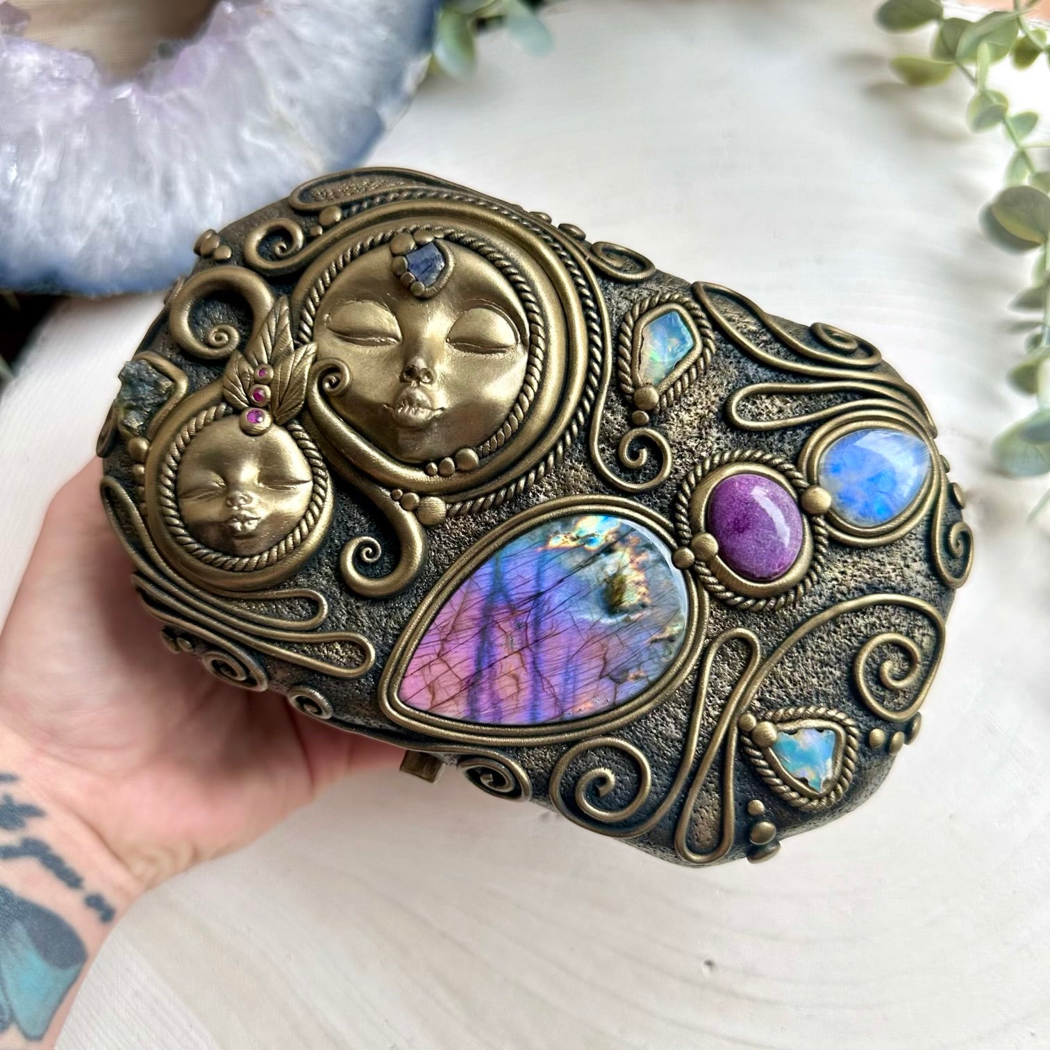 Goddess Wooden Box with Purple Labradorite, Stichtite, Rainbow Moonstone, Raw Ethiopian Opal, Tanzanite, Moldavite, Amethyst, Rose Quartz and Ruby, Handmade Crystal Home Decor