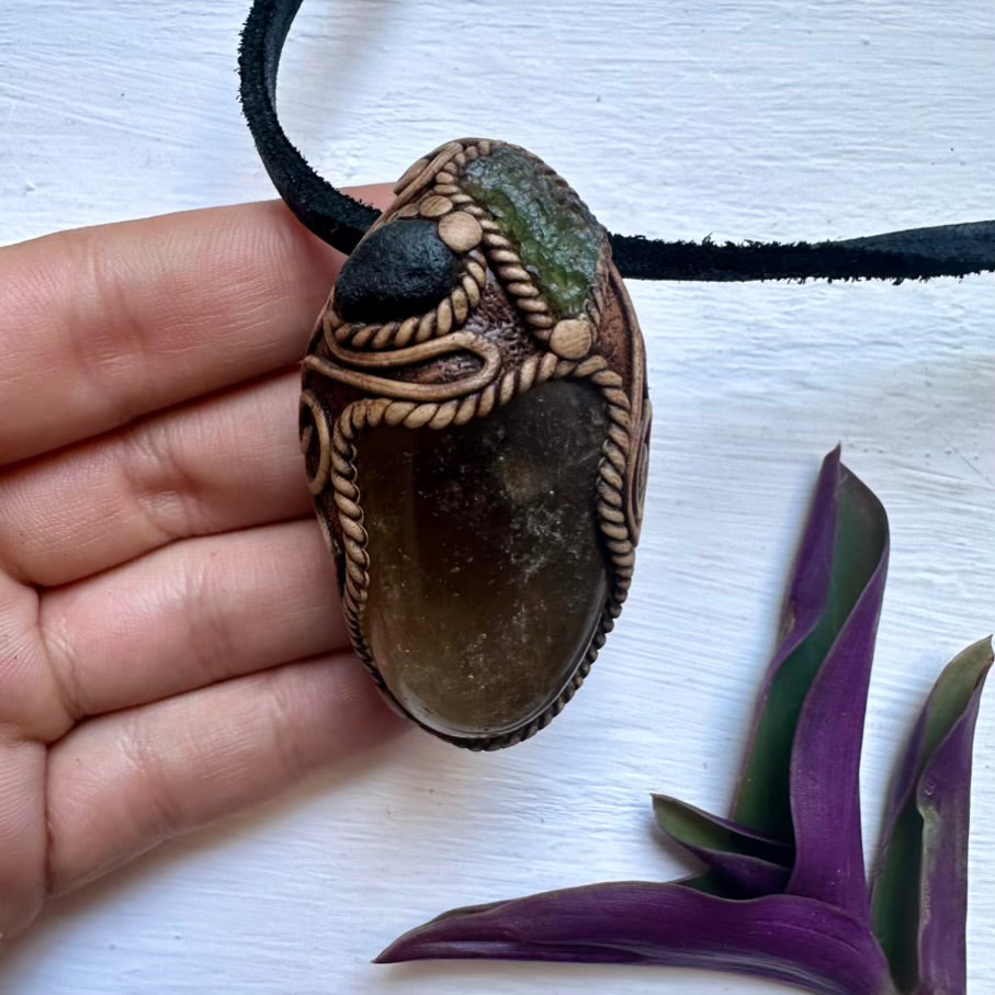 Citrine Moldavite and Black Tektite Necklace, Healing Crystal Jewelry - FairyGardenGlow