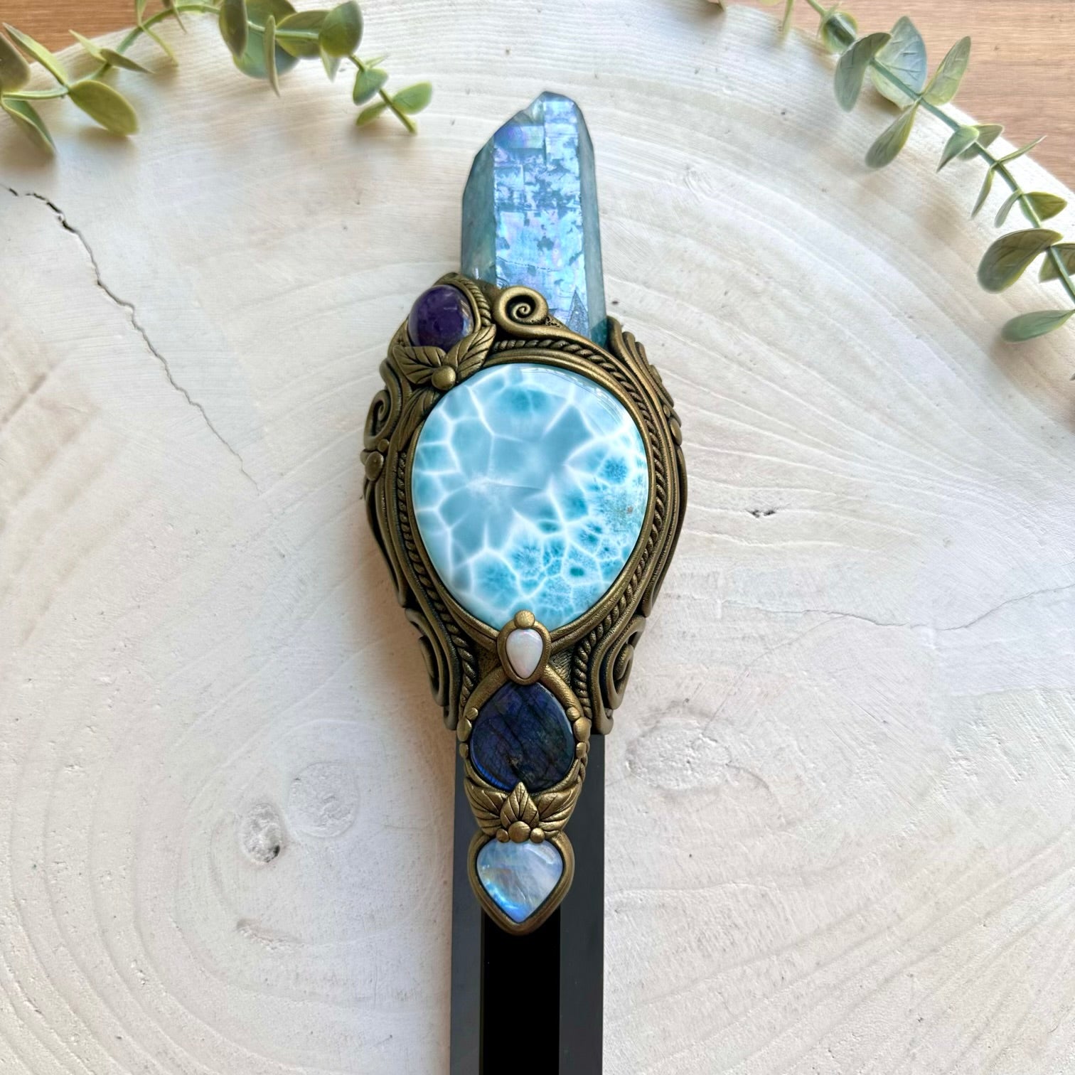 Handmade energy tool featuring Labradorite, Rainbow Moonstone, Amethyst and Australian Opal.