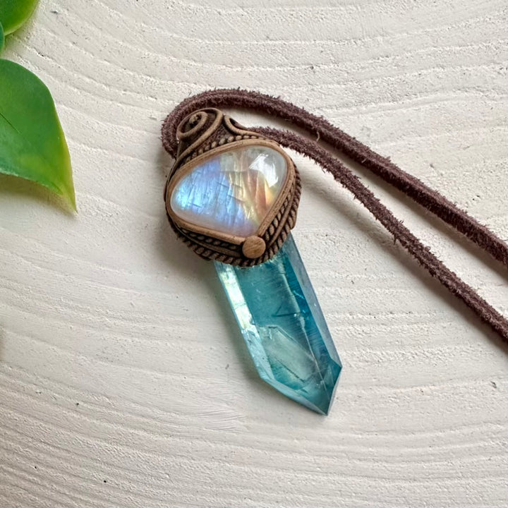 Healing crystal necklace with Aqua Aura Quartz and Rainbow Moonstone