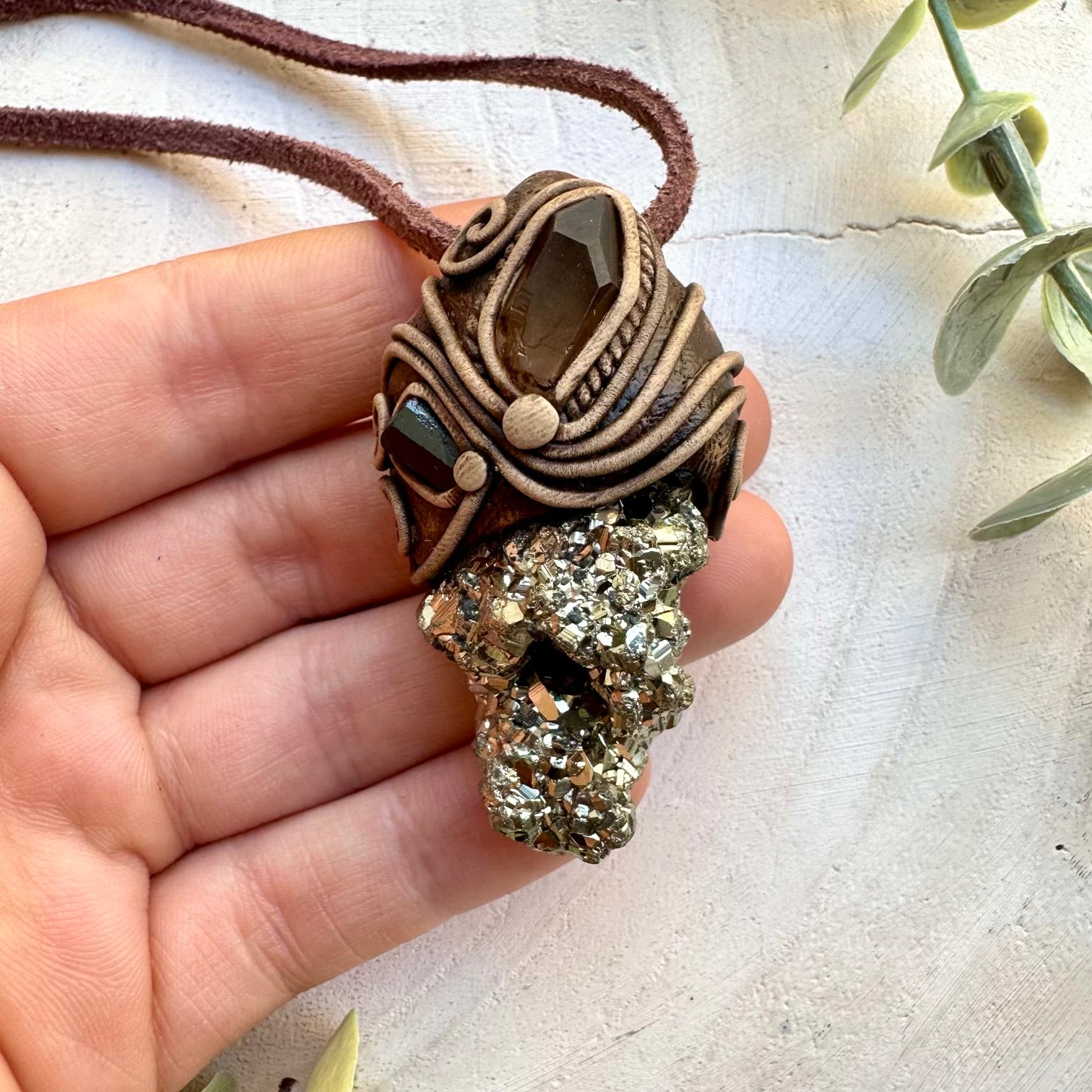 Pyrite Cluster with Smoky Quartz and Black Tourmaline Pendant Necklace