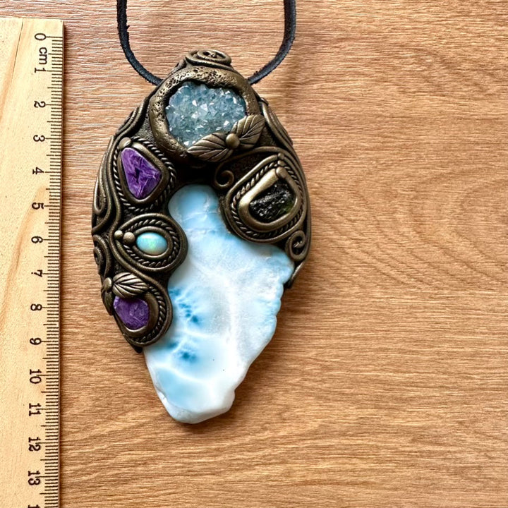 Large Larimar, Aqua Aura Quartz Cluster, Charoite, Australian Opal and Moldavite Healing Crystal Talisman – Spiritual Jewelry for Meditation & Energy Work - FairyGardenGlow