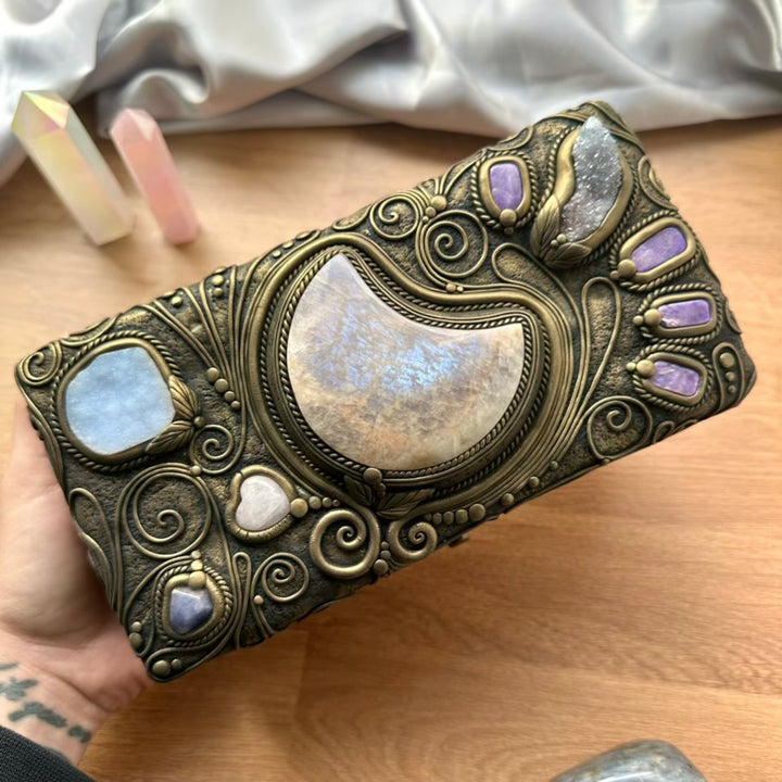 Handmade Wooden Box with Crystals – Moonstone Moon, Blue Chalcedony, Rose Quartz, Tanzanite, Charoite & Aqua Aura Spirit Quartz - FairyGardenGlow