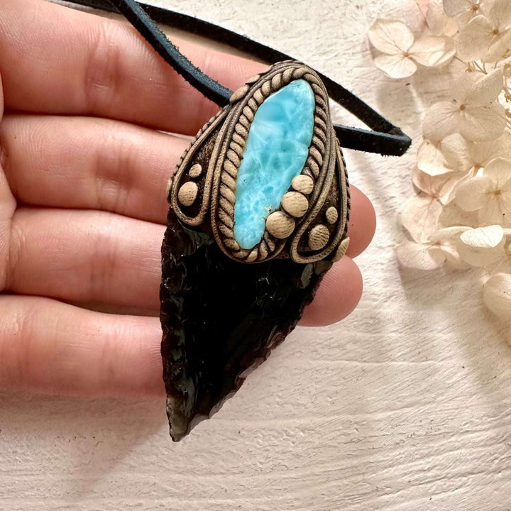 Black Obsidian Arrowhead and Larimar Necklace - FairyGardenGlow