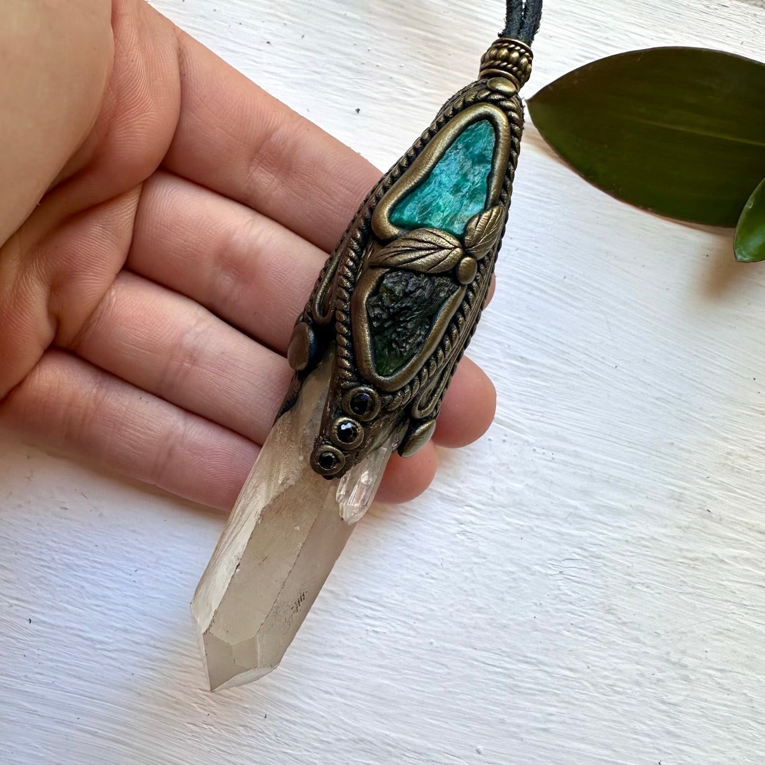 Kundalini Citrine Chrysocolla Moldavite and Blue Sapphire Wand / Pendant, Healing Crystal Tool - FairyGardenGlow