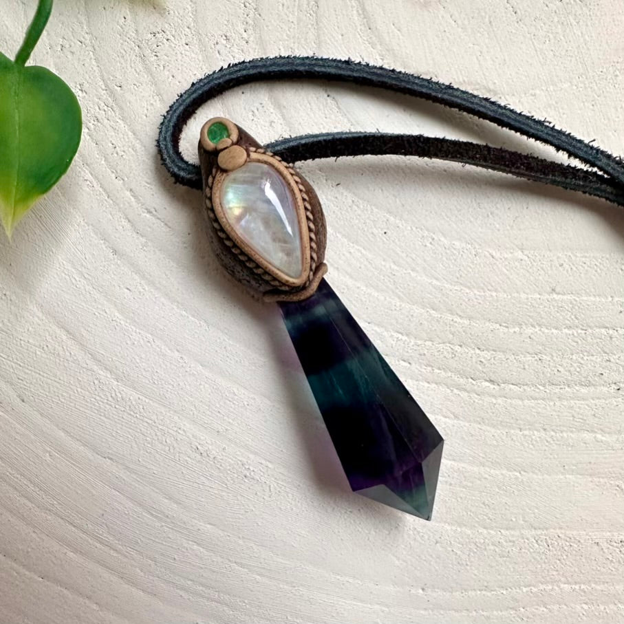 Rainbow Fluorite with Rainbow Moonstone and Emerald Pendant