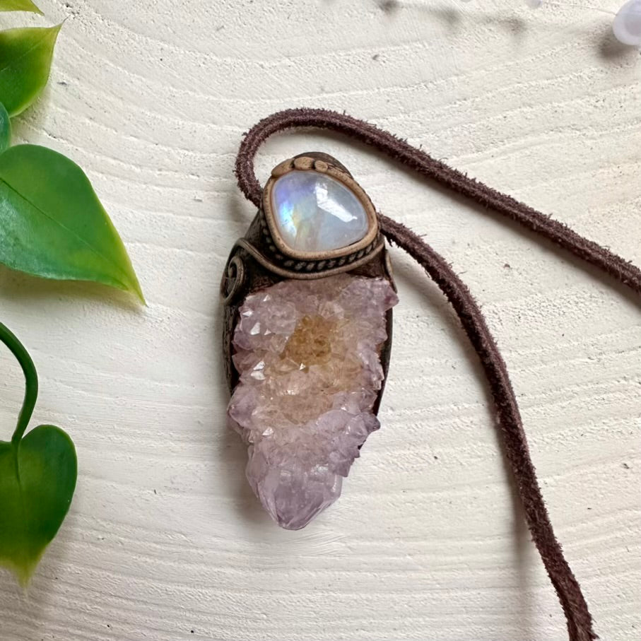 Spirit Quartz and Rainbow Moonstone Necklace