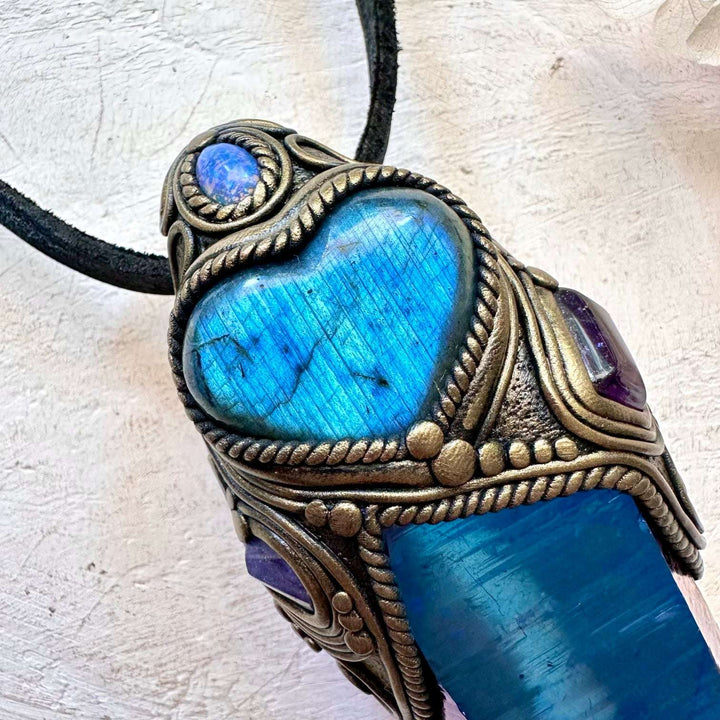 Cobalt Aura Quartz, Blue Labradorite Heart, Tanzanite, Amethyst and Australian Opal Crystal Wand / Unique Crystal Pendant - FairyGardenGlow