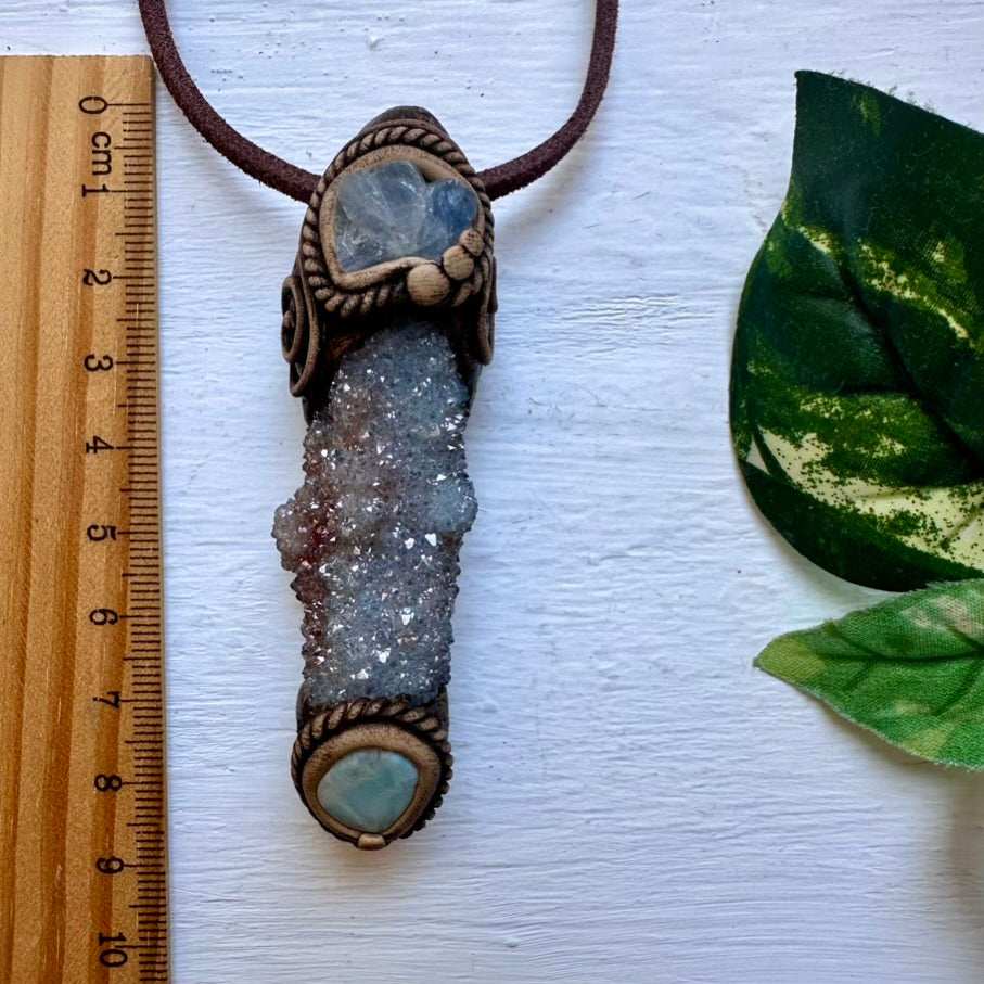 Aqua Aura Spirit Quartz Blue Calcite and Larimar Pendant Necklace - FairyGardenGlow
