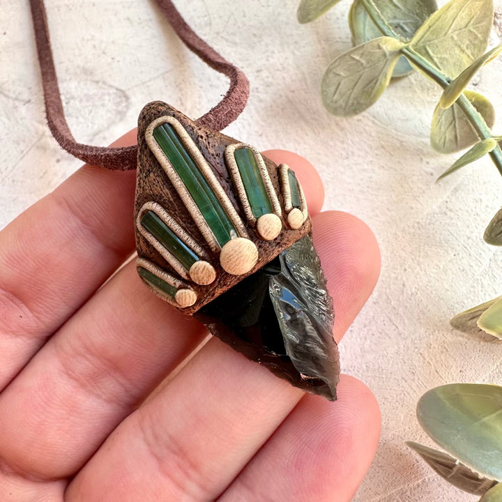 Black Obsidian Arrowhead and Green Tourmaline unisex pendant necklace handmade with natural crystals
