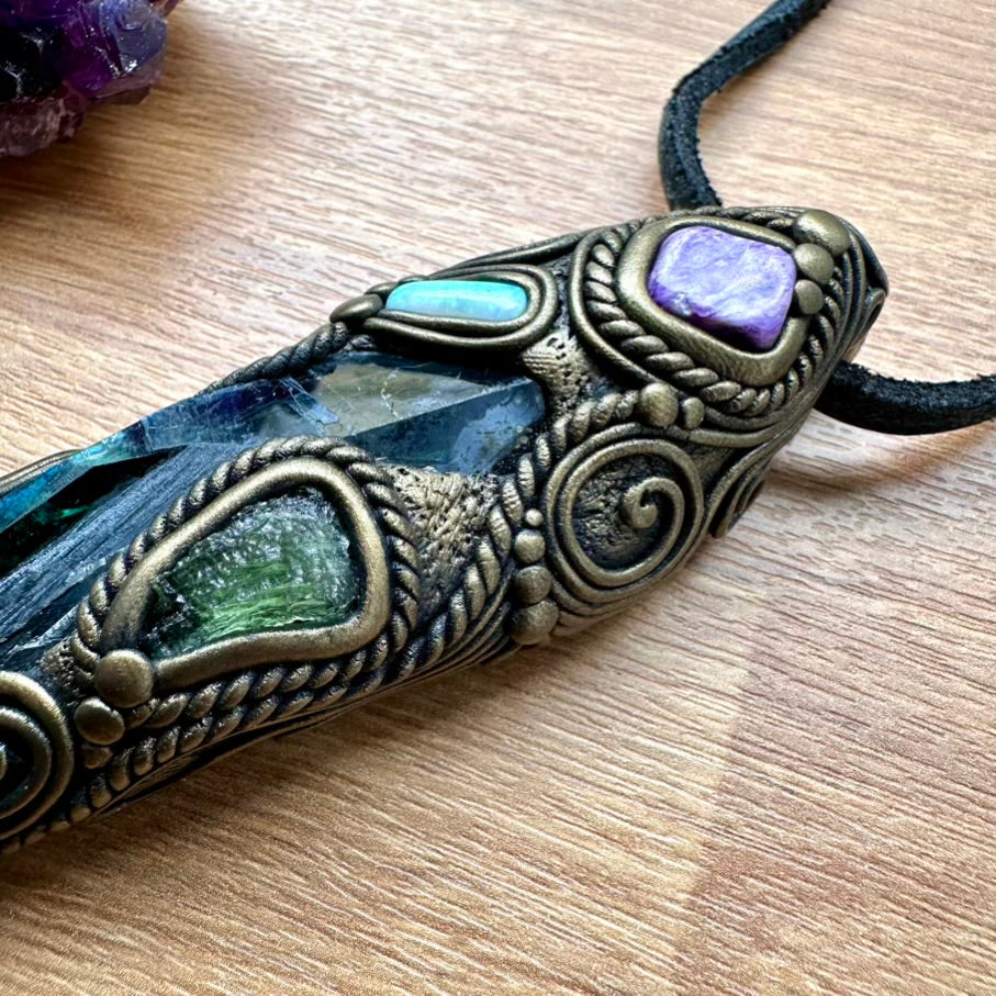 Gorgeous Vivianite with Moldavite, Charoite, Solid Australian Opal, and Lapis Lazuli Healing Crystal Wand-Pendant, Handmade Healing Crystal Talisman - FairyGardenGlow