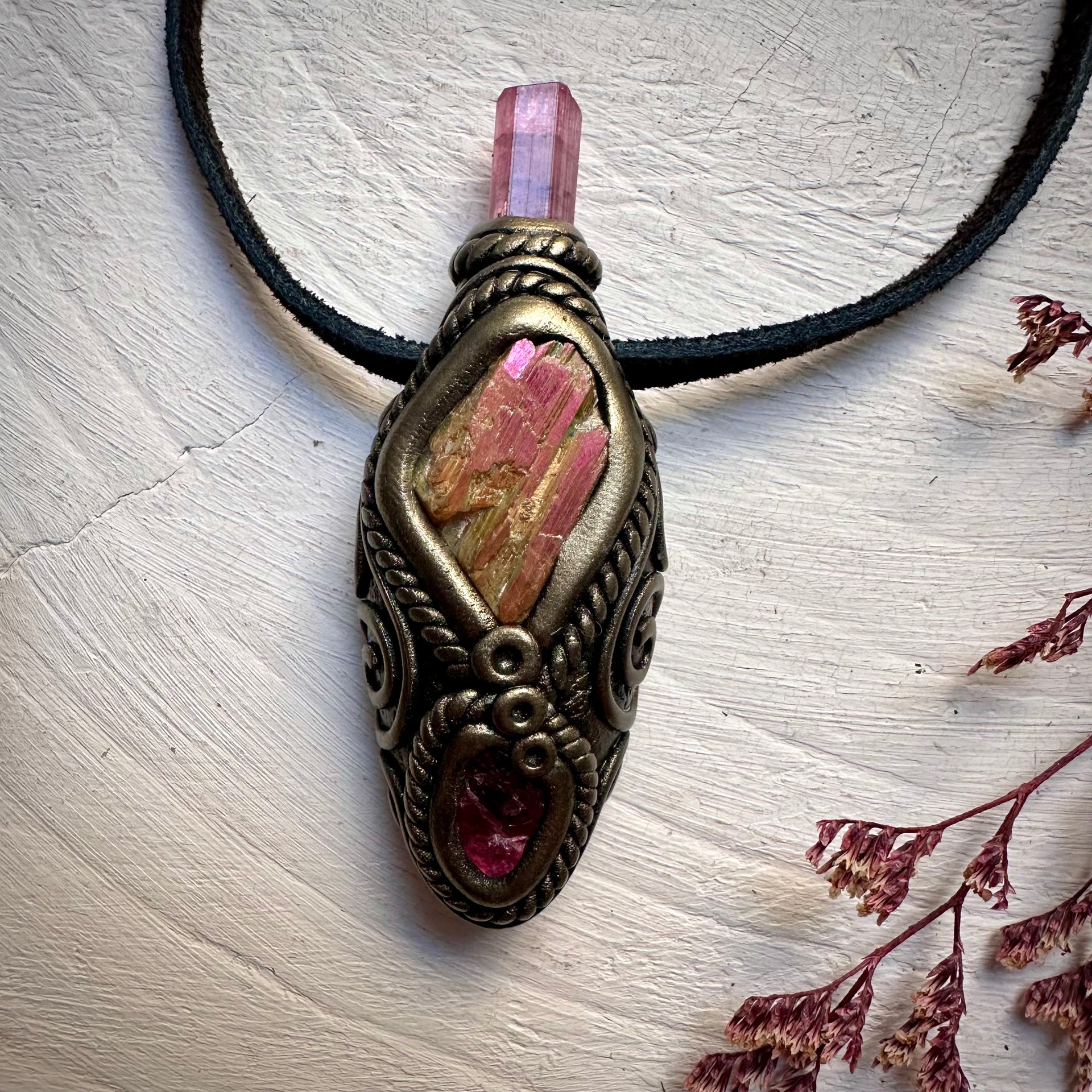 Sunset Aura Kunzite with Pink Tourmaline and Rhodonite Necklace