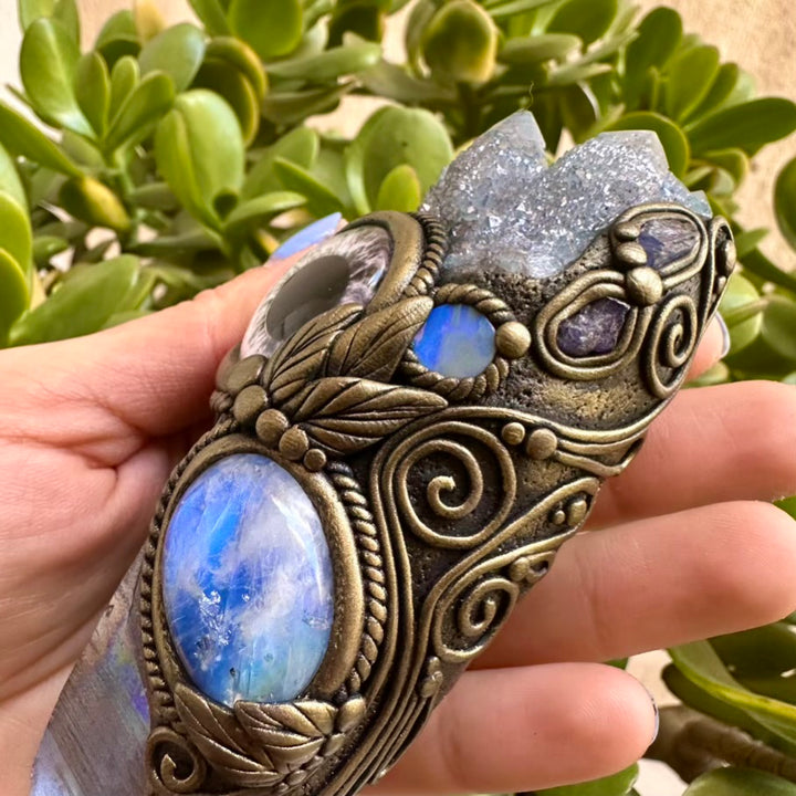 Aqua Aura Quartz Rainbow Moonstone Aqua Aura Spirit Quartz Australian Opal and Tanzanite Third Eye Healing Crystal Wand - FairyGardenGlow