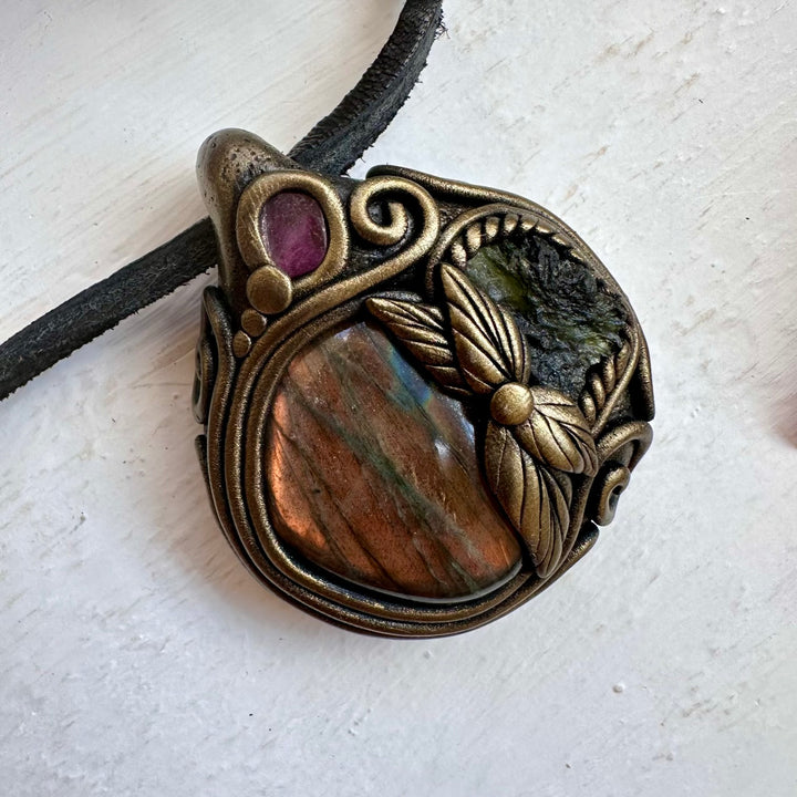 Labradorite Moldavite and Ruby Necklace - FairyGardenGlow