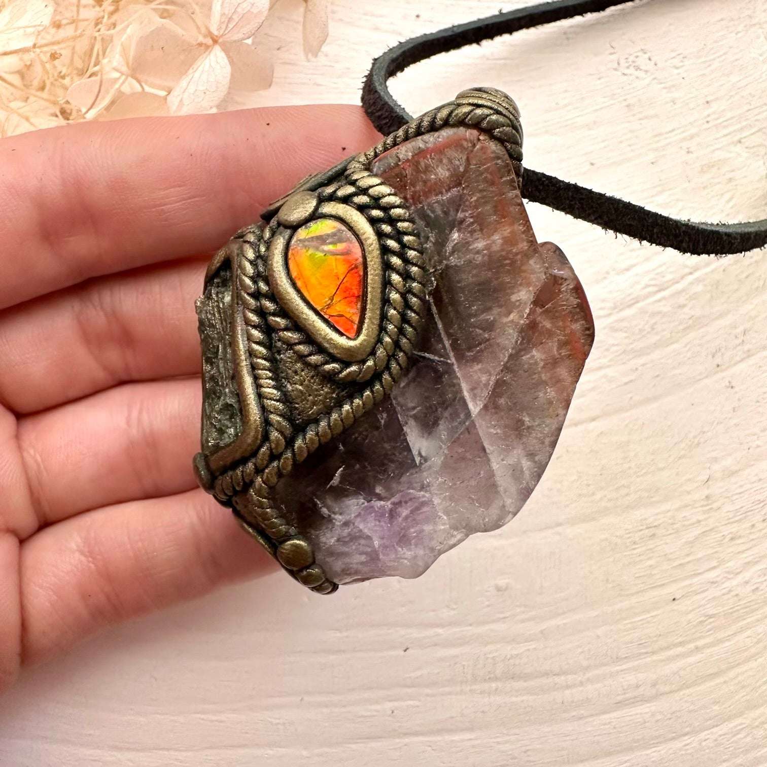 Super Seven Quartz Ammolite and Moldavite Pendant, Handmade Crystal Necklace - FairyGardenGlow