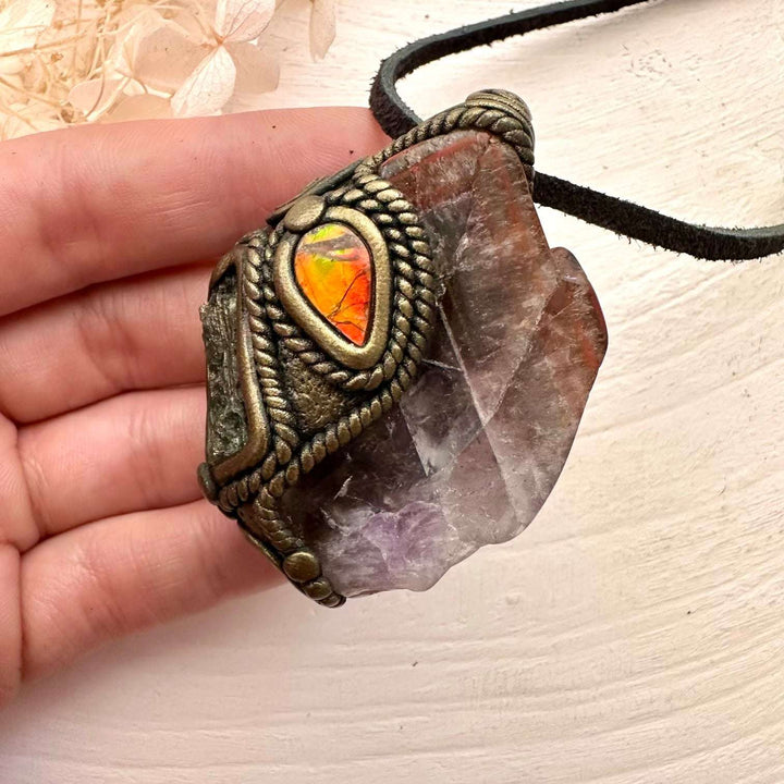 Super Seven Quartz Ammolite and Moldavite Pendant, Handmade Crystal Necklace - FairyGardenGlow