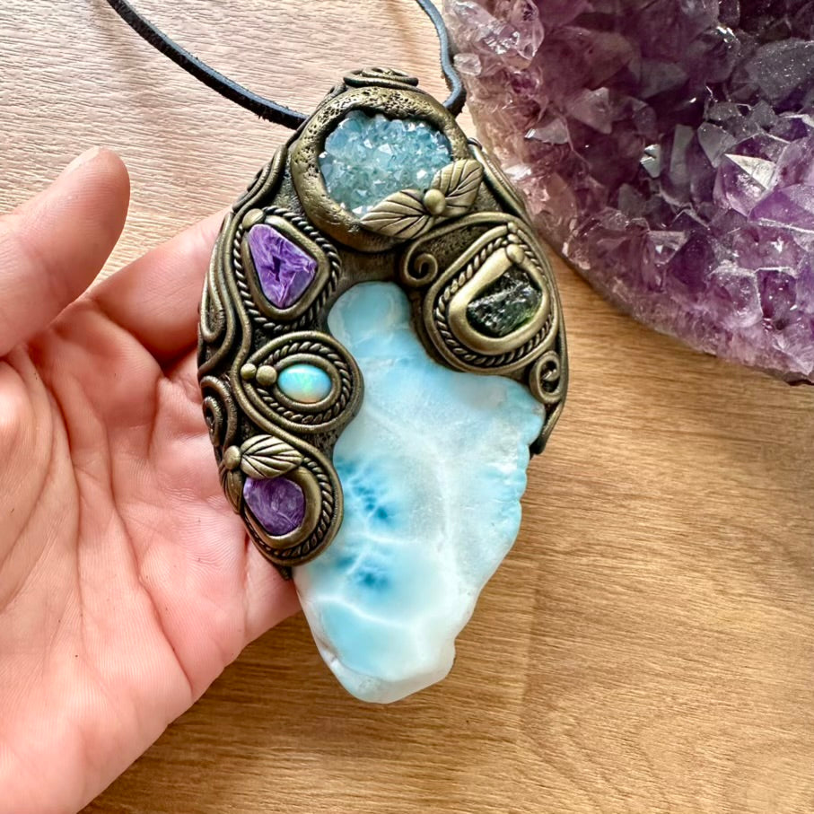 Large Larimar, Aqua Aura Quartz Cluster, Charoite, Australian Opal and Moldavite Healing Crystal Talisman – Spiritual Jewelry for Meditation & Energy Work - FairyGardenGlow