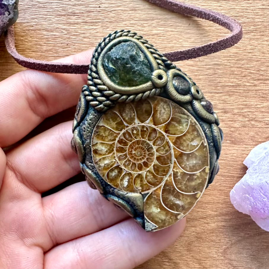 Ammonite Moldavite and Red Garnet Necklace - FairyGardenGlow