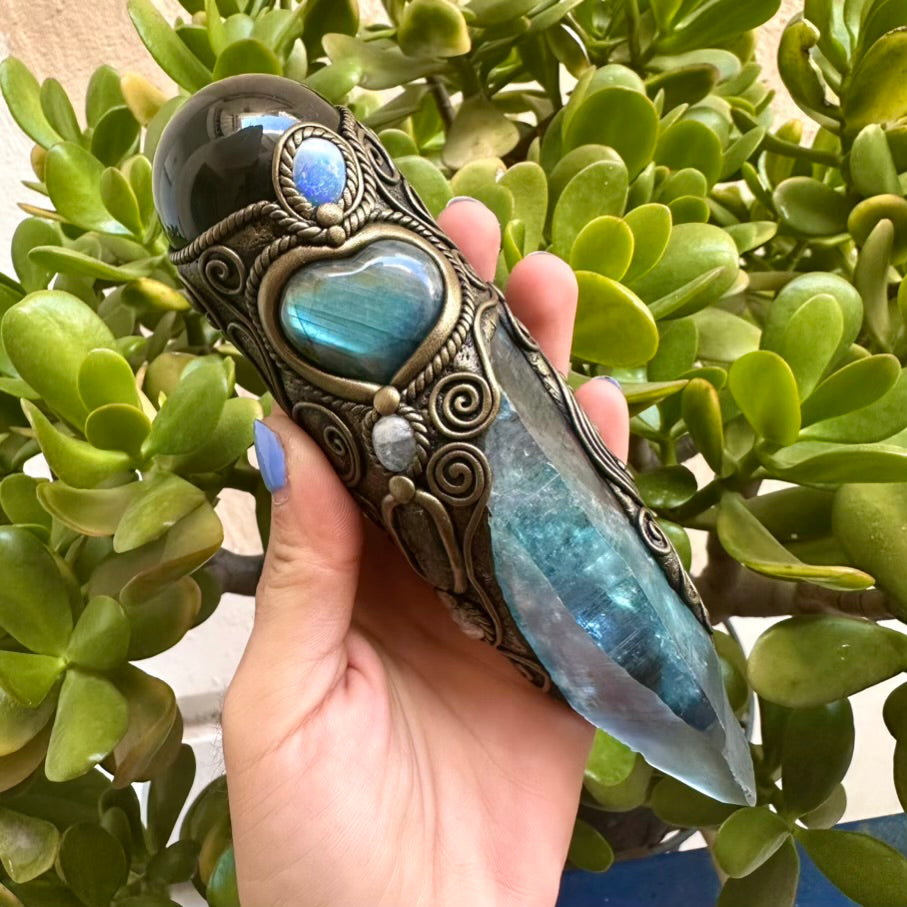 Large Aqua Aura Lemurian Quartz Obsidian Blue Labradorite Heart Australian Crystal Opal Moldavite Aquamarine and Clear Topaz Wand, Healing Crystal Tool - FairyGardenGlow