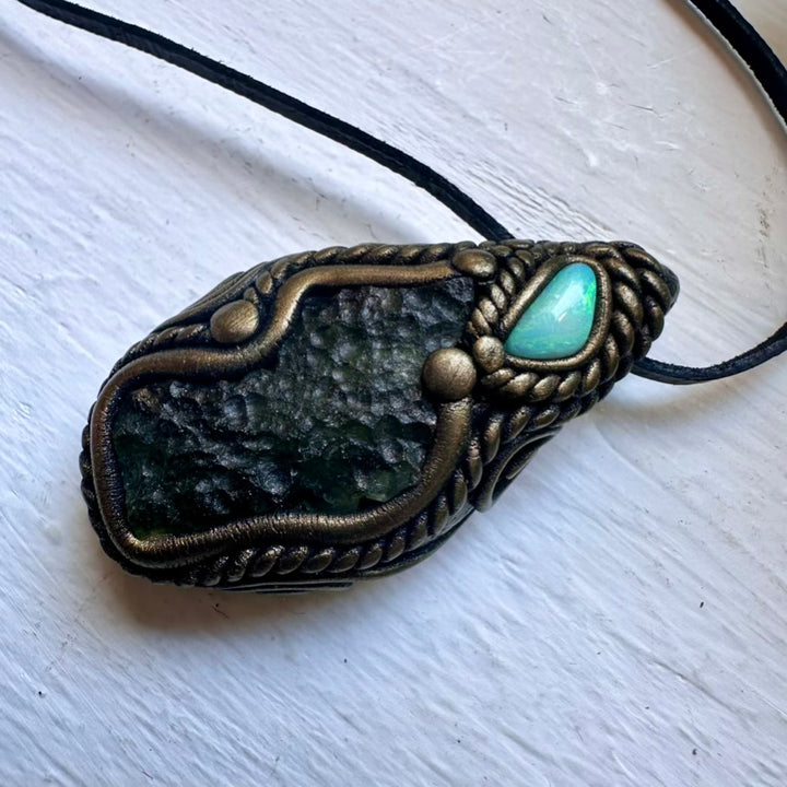 Moldavite and Australian Opal Necklace - FairyGardenGlow