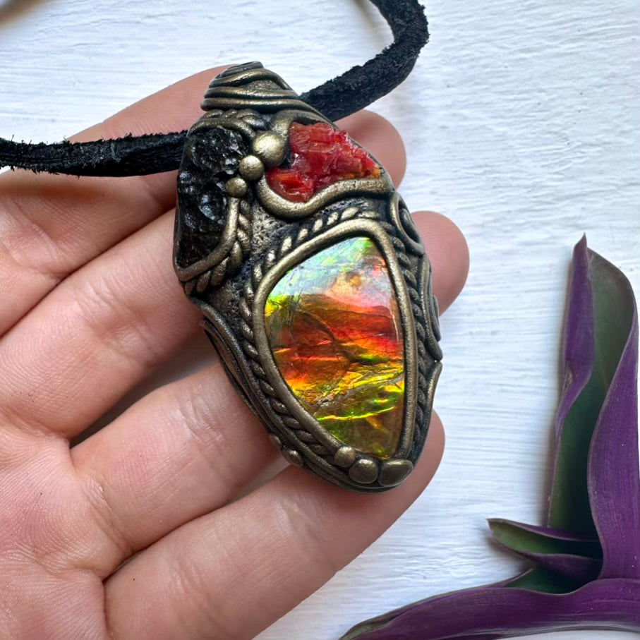 Ammolite Vanadinite Moldavite Necklace - FairyGardenGlow