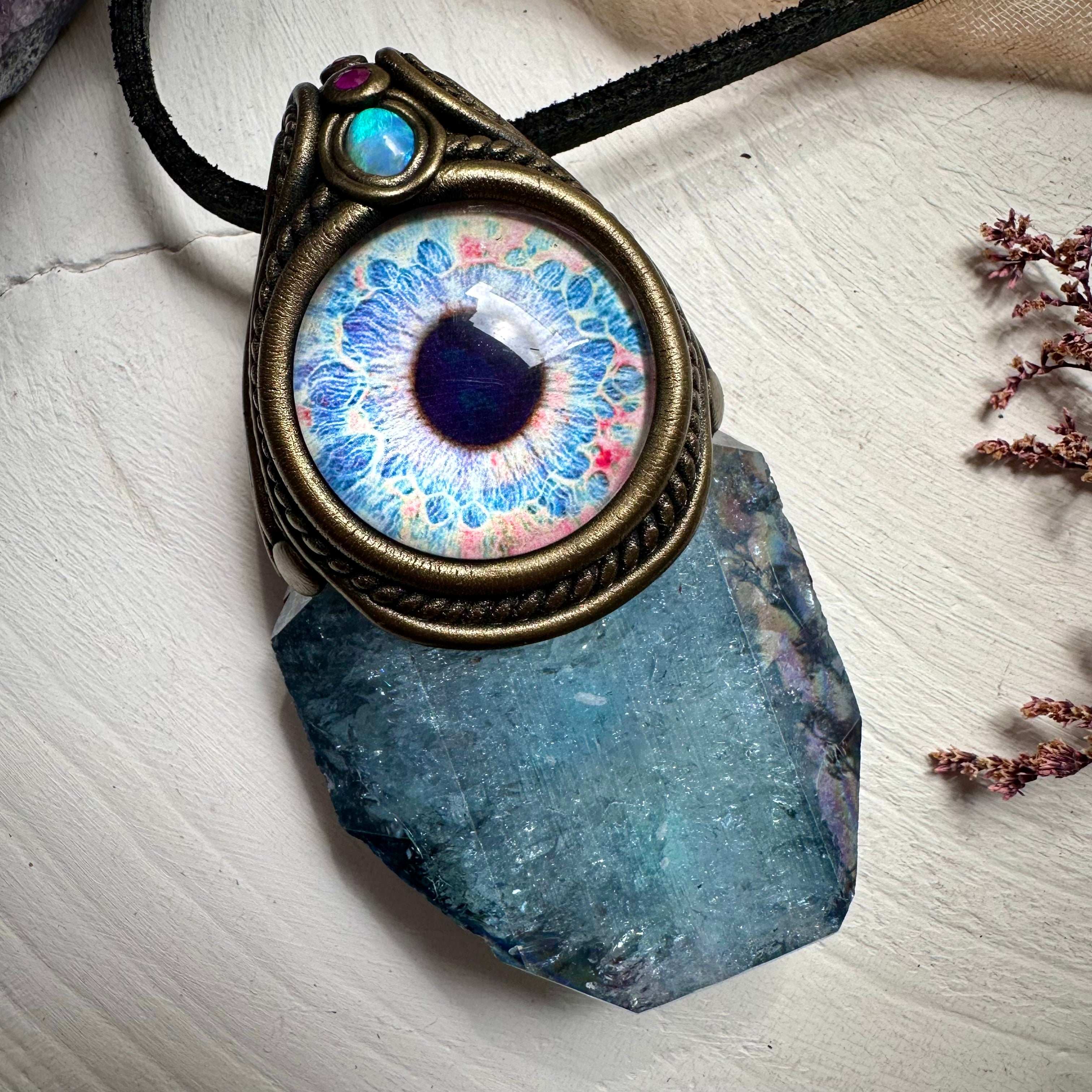 Aqua Aura Faden Quartz Australian Opal and Ruby Eye Wand / Pendant - FairyGardenGlow