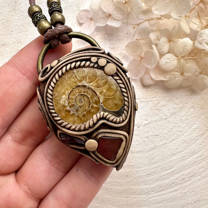 Ammonite Rhodolite Garnet and Pink Tourmaline Necklace - FairyGardenGlow