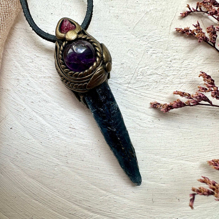 Blue Kyanite Amethyst and Raw Spinel Necklace - FairyGardenGlow