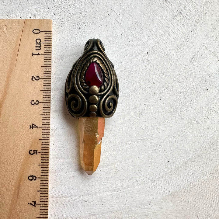 Natural gemstone talisman necklace with Sunset Aura Quartz and Rhodolite Garnet for luck and manifestation.