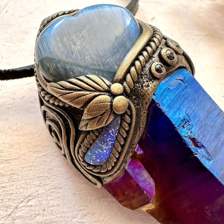 Cobalt Aura Quartz, Blue Labradorite Heart, Boulder Opal and Blue Sapphire Crystal Wand / Unique Crystal Pendant - FairyGardenGlow