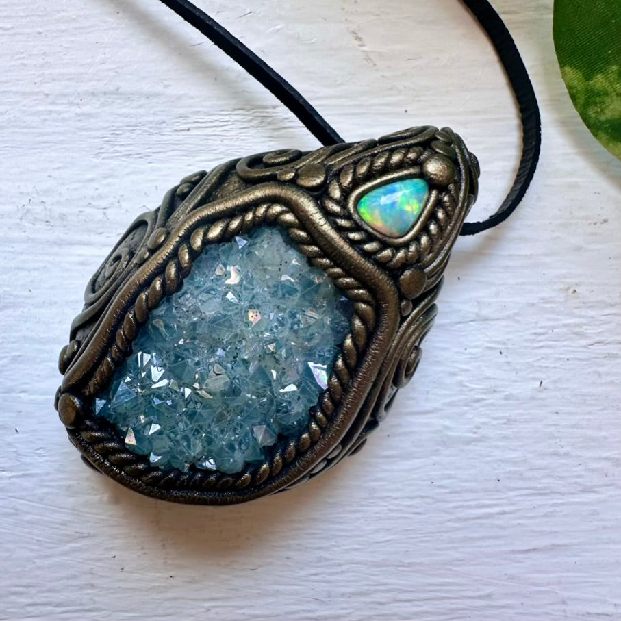 Aqua Aura Quartz Cluster and Australian Opal Necklace - FairyGardenGlow