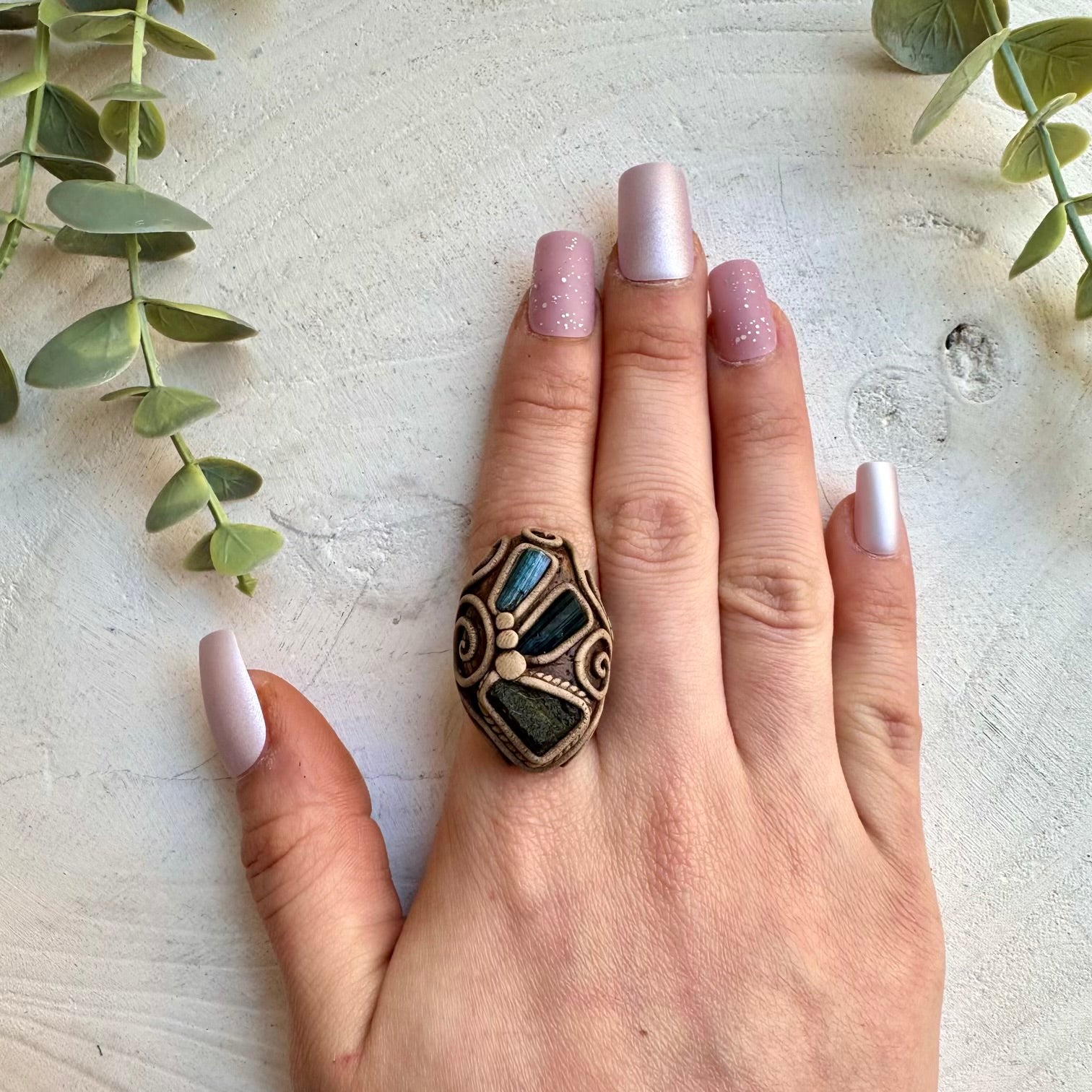 Moldavite and Blue Tourmaline Crystal Ring