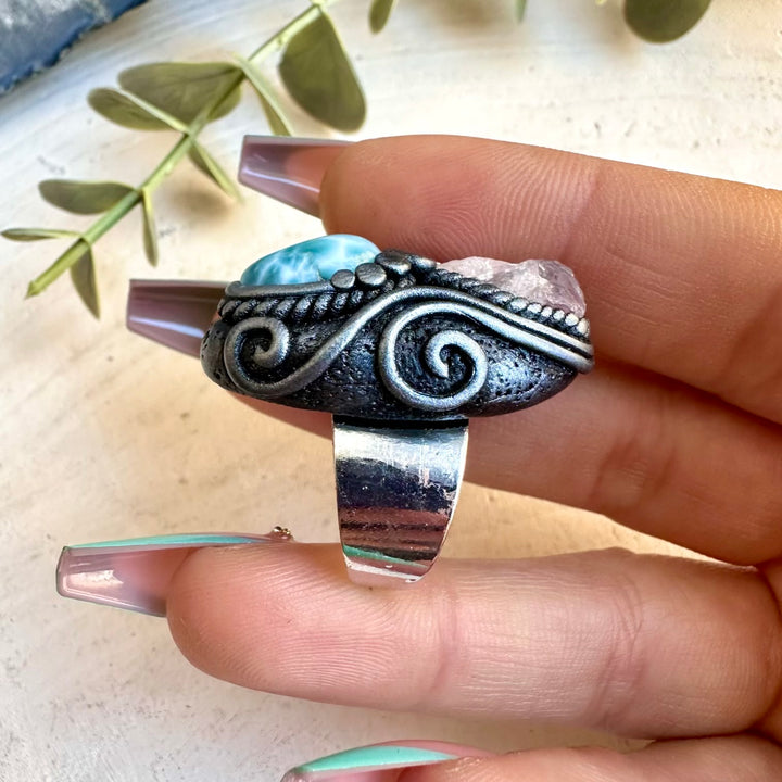 Ocean-inspired spiritual jewelry ring with larimar