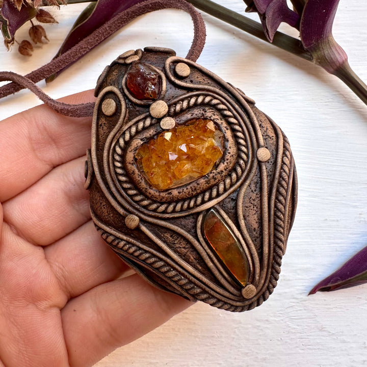 Citrine Cluster Ammolite and Hessonite Garnet Necklace - FairyGardenGlow