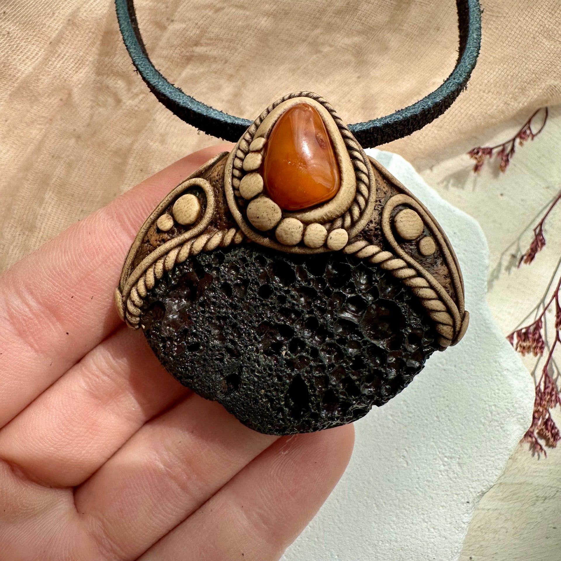 Lava Stone and Baltic Amber Necklace