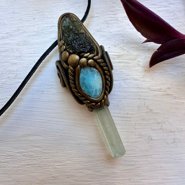 Aquamarine Larimar and Moldavite Necklace - FairyGardenGlow
