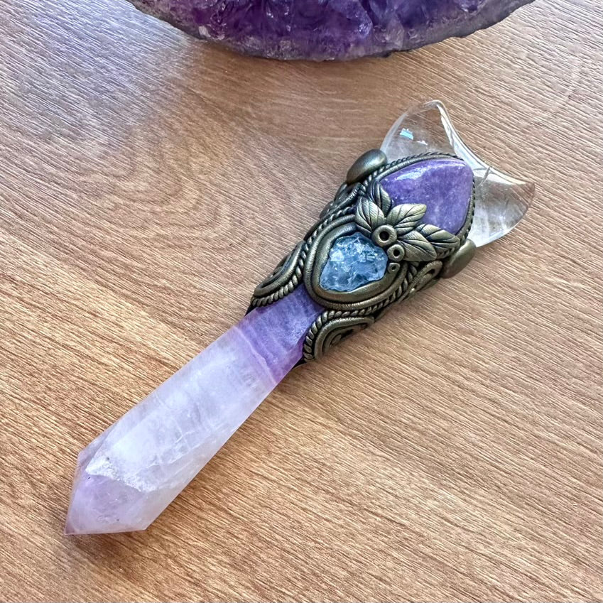 Lavender Fluorite Wand, Clear Quartz Moon, Lepidolite and Celestite Handmade Crystal Wand - FairyGardenGlow