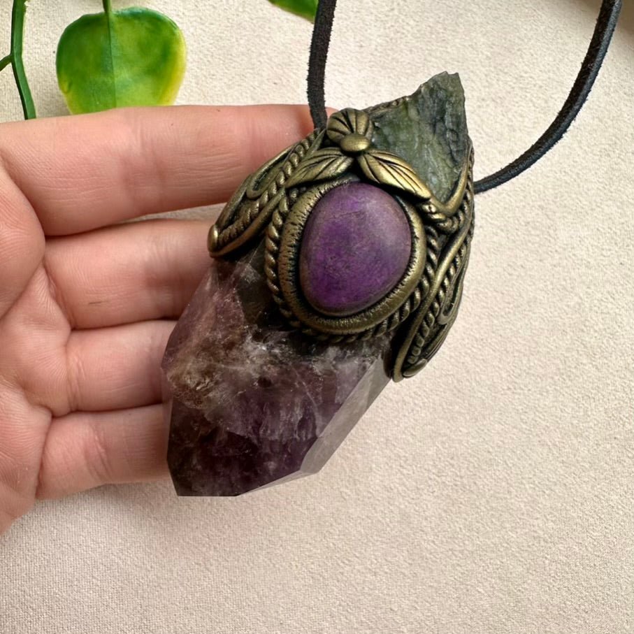 Super Seven Quartz with Purpurite and Moldavite Pendant Necklace - Crystal Wand - FairyGardenGlow