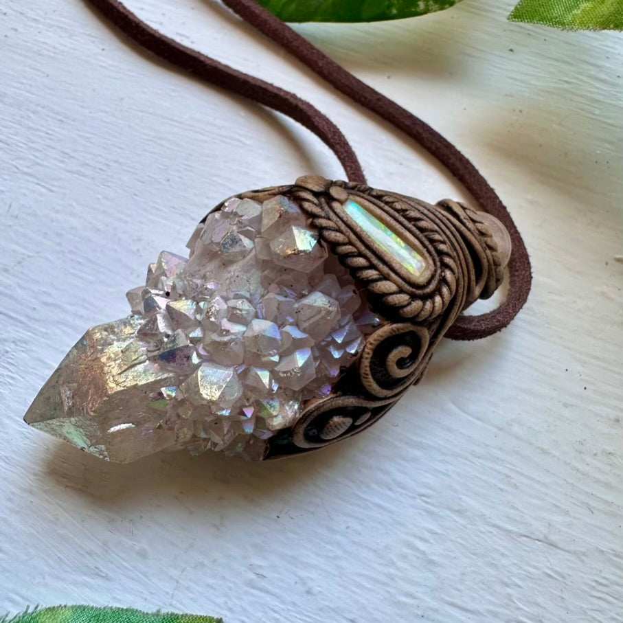 Angel Aura Spirit Quartz Morganite and Australian Opal Pendant Necklace - FairyGardenGlow