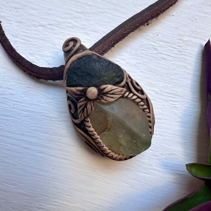 Raw Blue Topaz and Moldavite Necklace - FairyGardenGlow