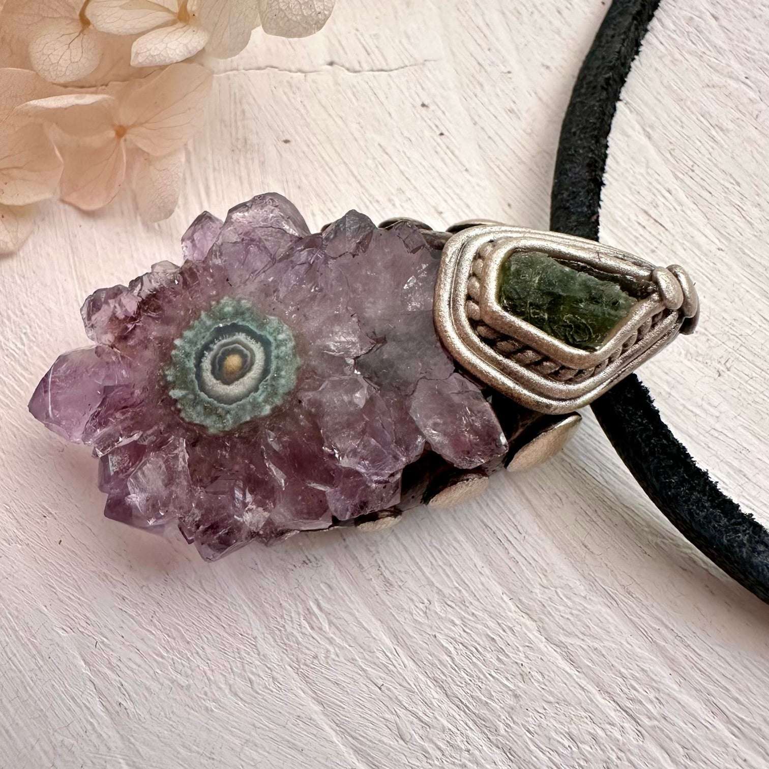 Amethyst Stalactite and Raw Moldavite Crystal Necklace - FairyGardenGlow