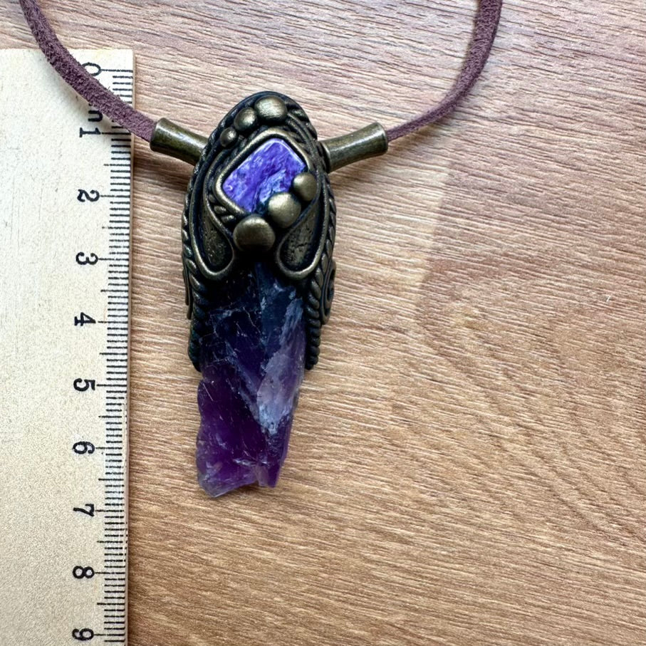 Raw Purple Fluorite and Charoite Pendant Necklace, Spiritual Handmade Jewelry - FairyGardenGlow