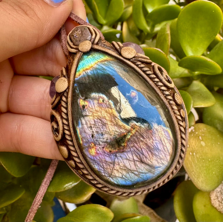Labradorite Boulder Opal and Amethyst Necklace - FairyGardenGlow