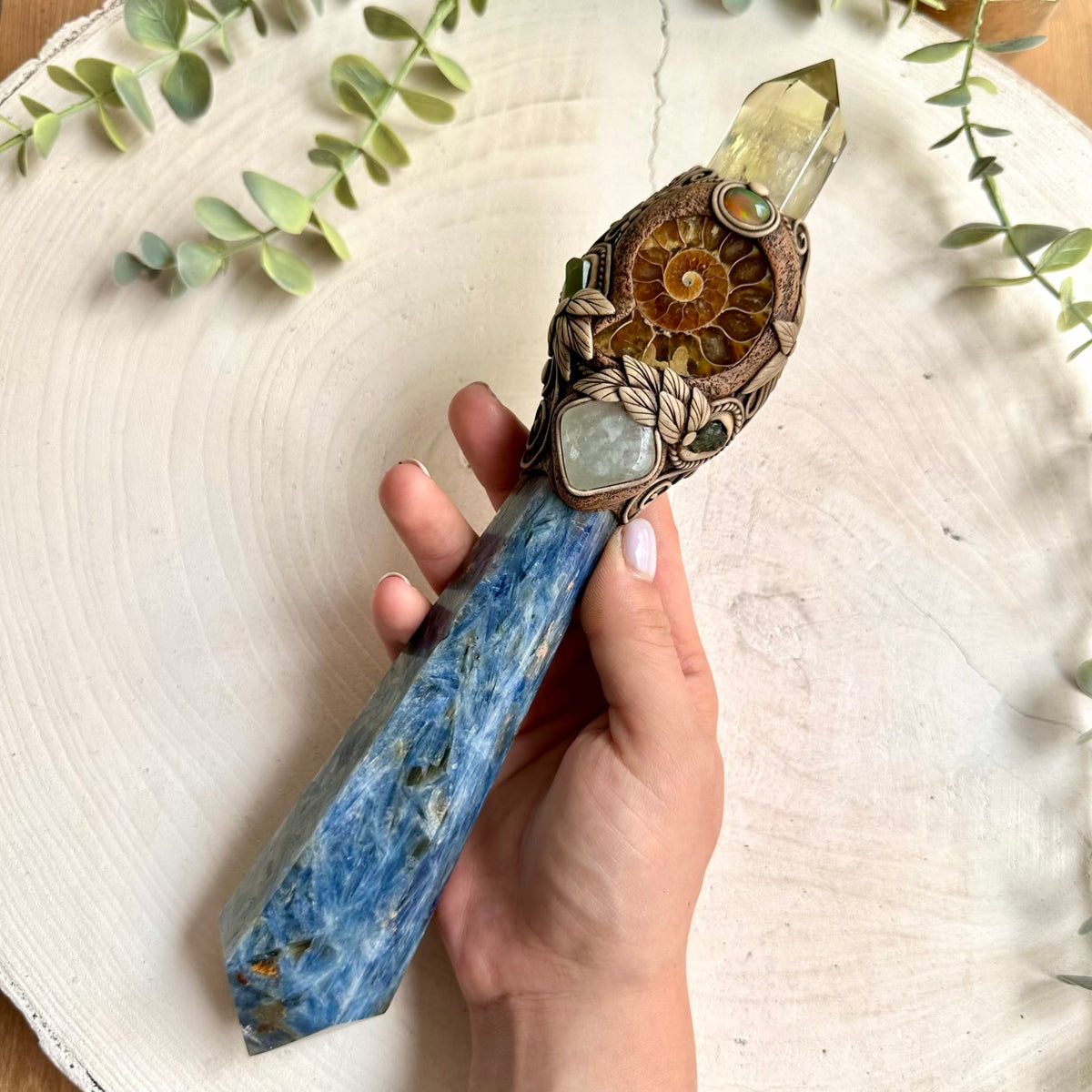 XL Unique Handmade Crystal Wand with Blue Kyanite, Citrine, Ammonite Fossil, Aquamarine, Moldavite, Ethiopian Opal and Raw Peridot