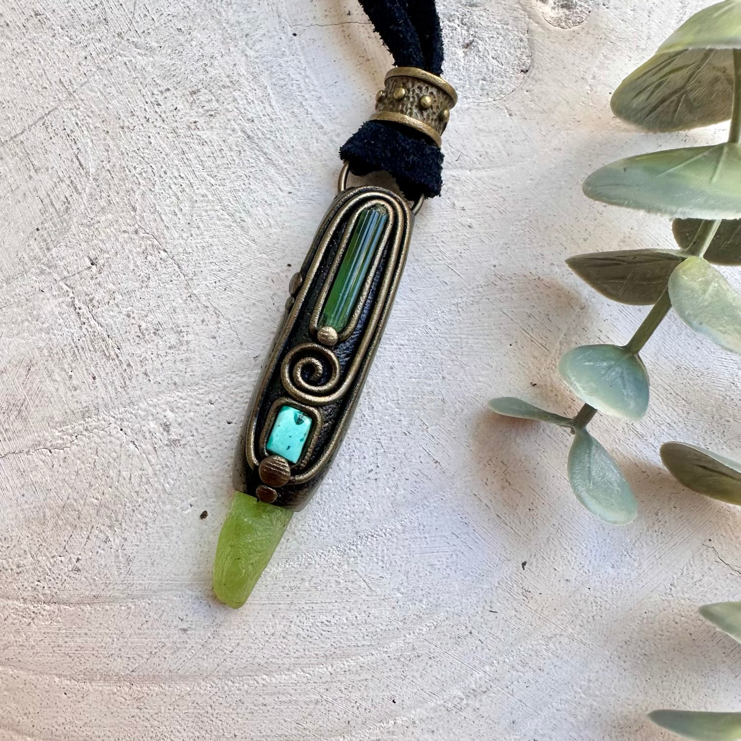 Handmade gemstone necklace with green and blue healing crystals